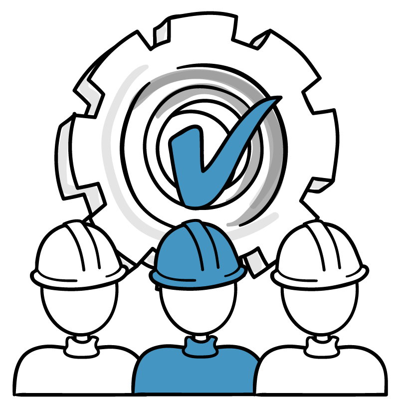 336_Gestione della pianificazione Tre tecnici con casco sotto ingranaggio con spunta, gestione e pianificazione squadre con software Logica®